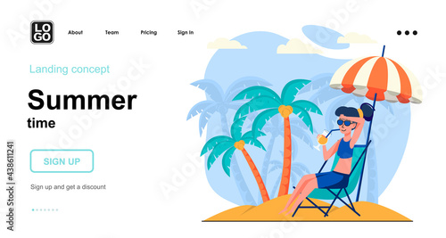 Summer time web concept. Woman relaxing on beach, sunbathing lying in sun lounger at seaside resort. Template of people scene. Vector illustration with character activities in flat design for website