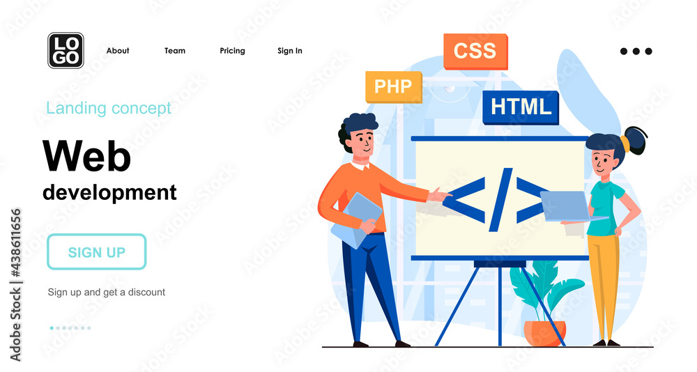 Web development web concept. Team of programmers coding code, work with ...