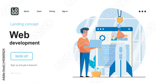 Web development web concept. Developer creates page layout, building site, develop startup business. Template of people scene. Vector illustration with character activities in flat design for website