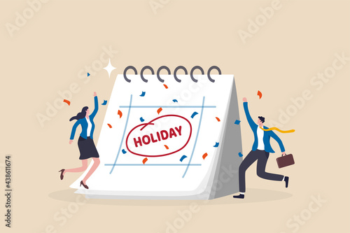 Company holiday for employee to take a break and recharge, employee appreciation day or long holiday happiness concept, business people with big calendar jumping with joy to celebrate long holiday.
