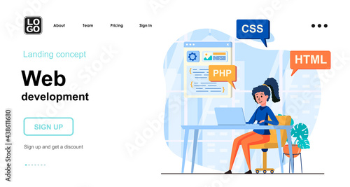 Web development web concept. Woman writes code in different program languages, creates page layout. Template of people scene. Vector illustration with character activities in flat design for website