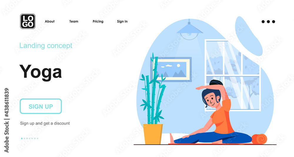 Obraz premium Yoga web concept. Woman practicing asanas, doing fitness training at home. Sport healthy lifestyle. Template of people scene. Vector illustration with character activities in flat design for website