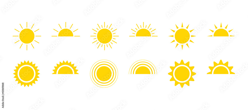 Yellow sun icon set, sunshine and solar glow, sunrise or sunset. Decorative circle full and half sun and sunlight. Hot solar energy for tan. Vector sign - obrazy, fototapety, plakaty 