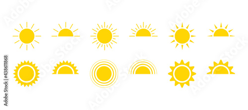 Yellow sun icon set, sunshine and solar glow, sunrise or sunset. Decorative circle full and half sun and sunlight. Hot solar energy for tan. Vector sign