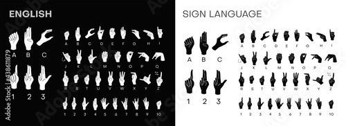 American Sign Language ASL Alphabet and numbers. Dactyl alphabet. Deaf-mutes hand language. Learning alphabet, nonverbal deaf-mute communication. Vector  photo