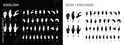 American Sign Language ASL Alphabet and numbers. Dactyl alphabet. Deaf-mutes hand language. Learning alphabet, nonverbal deaf-mute communication. Vector 