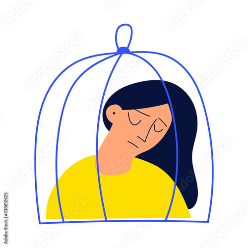 Unhappy woman trapped in cage. Psychological Metaphor about mental health. Vector illustration on white background.