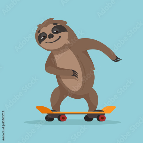 Sloth riding skateboard. Funny animal in cartoon style.