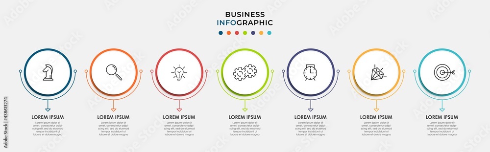 Vector Infographic design business template with icons and 7 options or steps. Can be used for process diagram, presentations, workflow layout, banner, flow chart, info graph - obrazy, fototapety, plakaty 