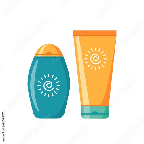 Sunscreen cream in tube and after sun lotion in bottle symbol. Moisturizing and protection for the skin from solar ultraviolet light. Flat icon. Vector illustration isolated on white background