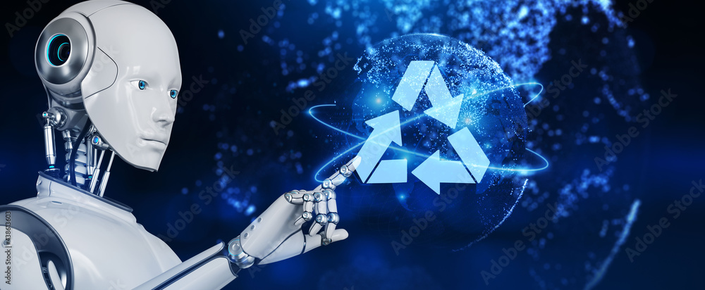Recycle Green technology concept. Robot pressing button on screen 3d render. Recycle Green technology concept. Robot pressing button on screen 3d render.