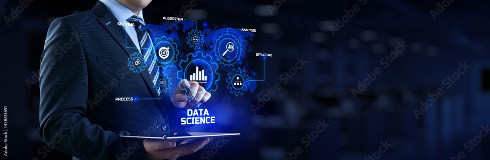 Data science analytics concept. Businessman pressing button on screen. Data science analytics concept. Businessman pressing button on screen.