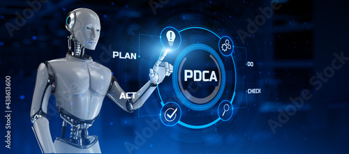 PDCA Plan do check act cycle. Robot pressing virtual button 3d render illustration.