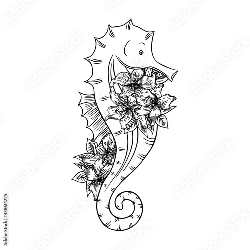 Vector illustration of a seahorse with lilies isolated on a white background. Coloring Pages. Coloring Book for adults and children.