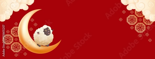 Gold Crescent moon on red backdrop with sheep, ram, decoration clouds and golden ornament. Muslim Islamic festival Eid Mubarak or Ramadan Kareem with copy space background. Vector stock illustration.