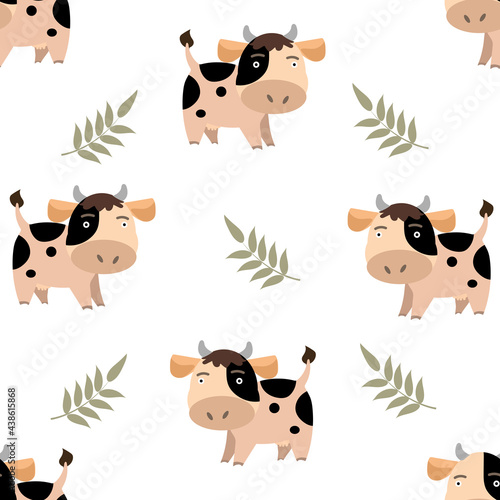 Doodle cartoon cows seamless pattern. Vector background.