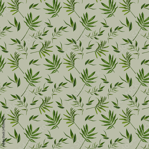 Seamless pattern of green leaves on green, foliage natural branches, herbs, tropical plant hand drawn fresh beauty rustic eco friendly background