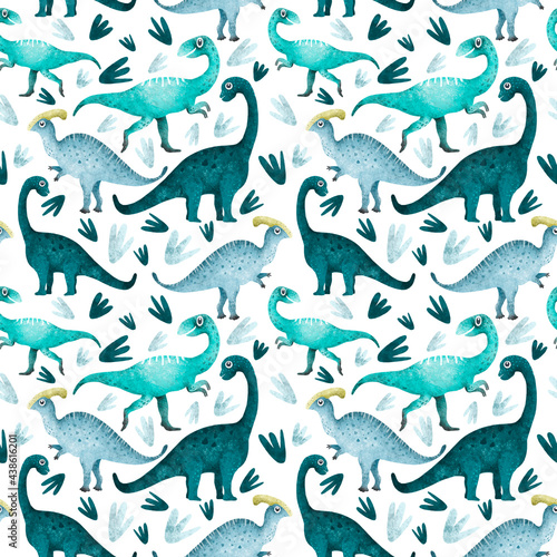 Cute bright dinosaurs on rainforest background, Hand drawn seamless pattern with dinosaurs and tropical leaves and flowers. Perfect for kids fabric, textile, nursery wallpaper. © TaninoPic