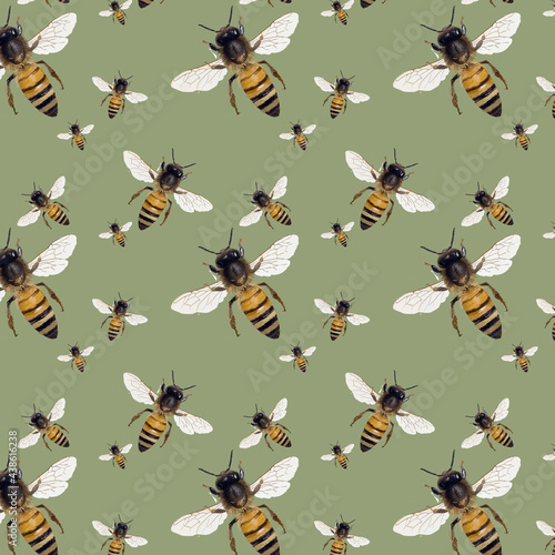 Realistic seamless pattern with bees. Summer repeat background for fabrics or wallpapers, entomology, wildlife set. Animal, insects texture for a diy project, printing on fabric.