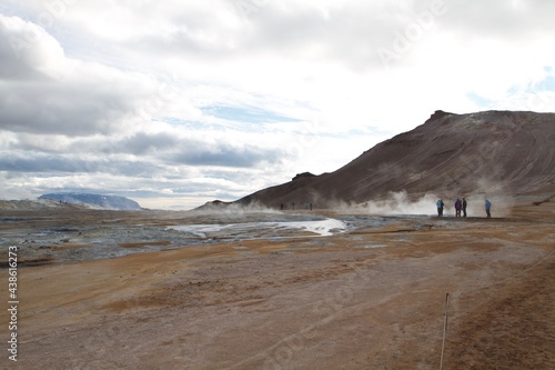 Iceland, Myvatn area, solfataras, geothermal, sand, desert area with boiling water and smoke, tourists