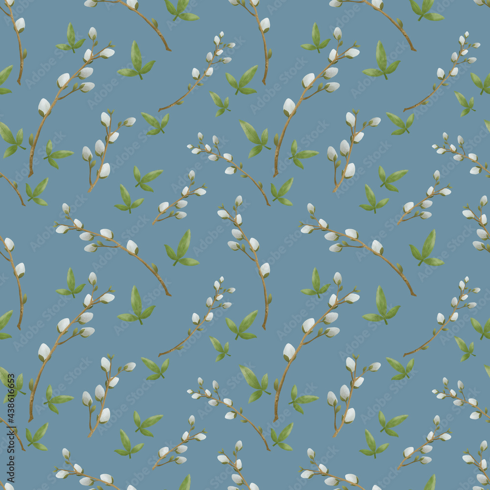 Pattern with spring catkins. Hand drawn illustration of beautiful flowers and birds on blue background Pattern with spring catkins. Hand drawn illustration of beautiful flowers and birds on blue background
