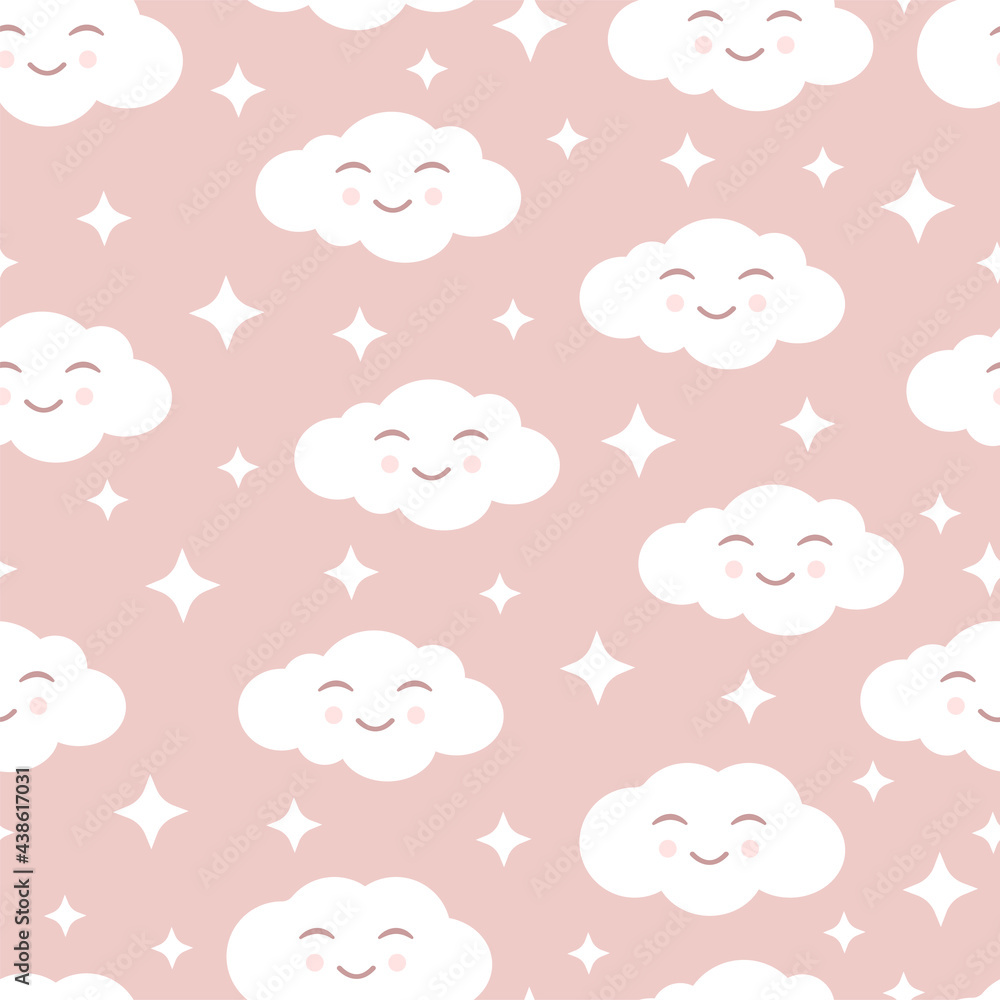 Cute seamless pattern with smiling clouds and white stars on a pink background. Vector illustration for fabrics, textures, wallpapers, posters, postcards. Childish fun print. Editable elements.
