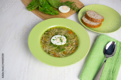Noodles with chicken broth, egg, spoon and dill in green plate on white background