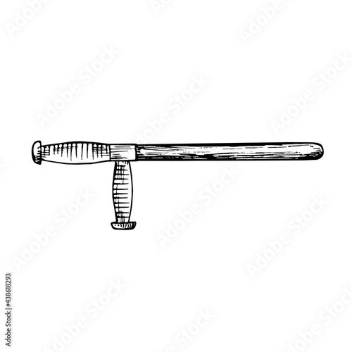 Police baton (truncheon or nightstick),  gravure style ink drawing illustration isolated on white