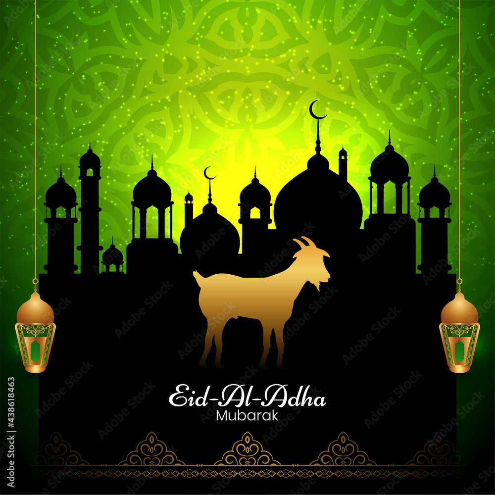 Eid Al Adha mubarak green background with mosque design Stock Vector |  Adobe Stock