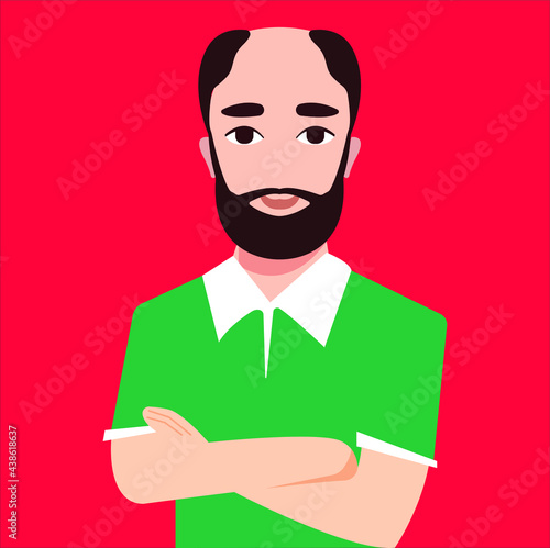bald man with a beard with green t shirt hands crossed   vector illustration