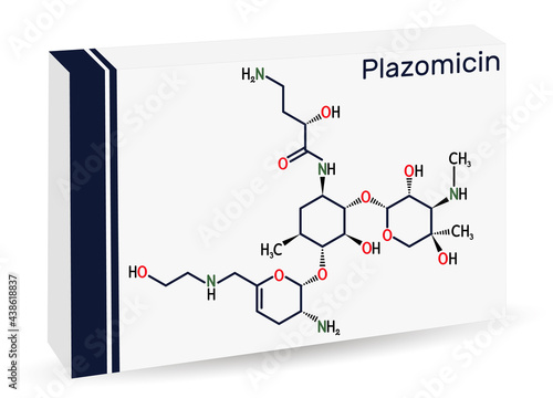 Plazomicin, molecule. It is aminoglycoside antibiotic used for urinary tract infections or pyelonephritis. Skeletal chemical formula. Paper packaging for drugs
