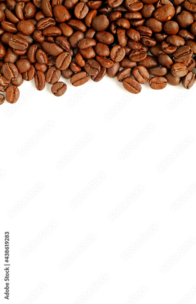 Heap of roasted coffee beans isolated on white backdrop with free space for text or design Heap of roasted coffee beans isolated on white backdrop with free space for text or design