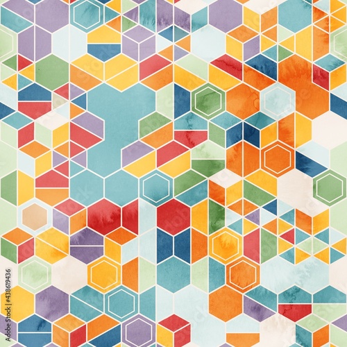 Seamless pattern of hexagons in random colors in watercolor. High quality illustration. Tile mosaic arrangement of triangles, trapezoids, and hexagons, in honeycomb arrangement. Design for print.