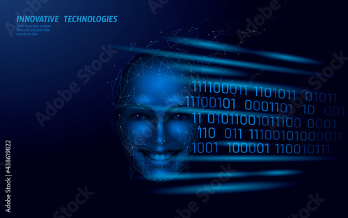 Virtual assistant voice recognition service technology. AI artificial intelligence robot support. Chatbot beautiful female face low poly vector illustration