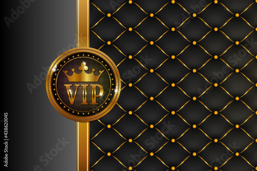 Premium VIP banner with gold elements and crown. Vector abstract upholstery or matte black leather texture sofa background and antique bronze nails for antique furniture decoration gold crown.