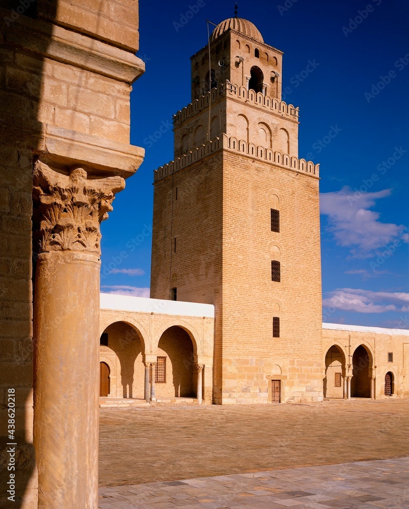 tunisia, kairouan, great mosque, minaret, sidi ogba mosque, africa, north africa, mosque, exterior, detail, place of worship, structure, architecture, building, islam, islamic, faith, religion, 