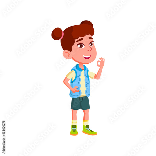 little girl gesturing ok and approving good choice of ice cream taste cartoon vector. little girl gesturing ok and approving good choice of ice cream taste character. isolated flat cartoon