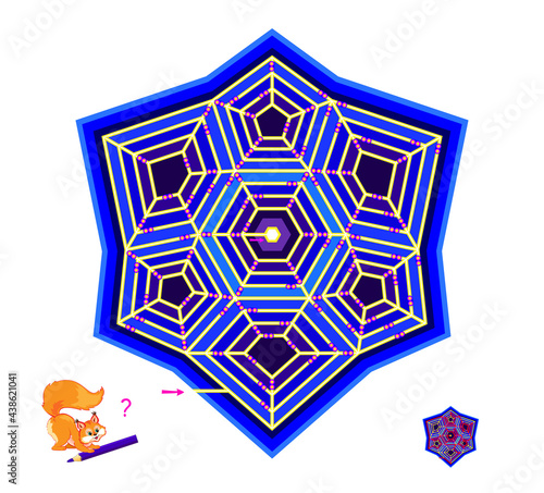 Logic puzzle game with labyrinth for children and adults. Find the way from start to finish. Worksheet for kids brain teaser book. Play online. Flat cartoon illustration. Magic star maze for kids.