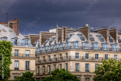 Paris, France - May 13, 2021: Typical Haussmannian buildings in Paris