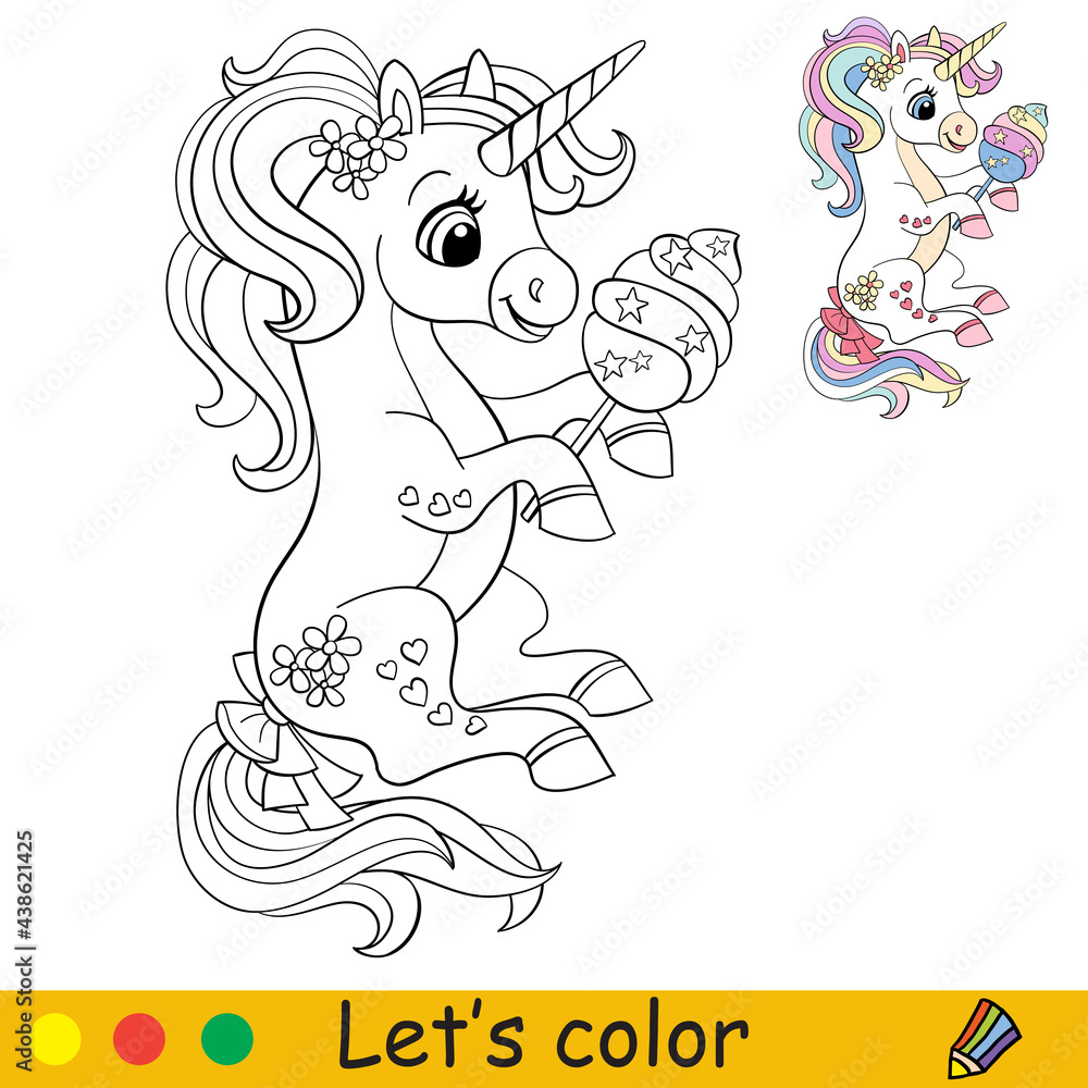 Cartoon cute sitting unicorn with cotton candy coloring Stock Vector
