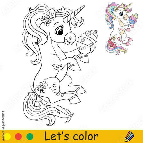 Cartoon cute sitting unicorn with cotton candy coloring