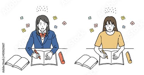 シンプルなタッチ　勉強する女子学生のイラストレーション