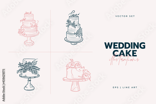 Wedding cake trending vector illustration. Linear art. Icon for wedding agencies, photographers, law shops, florists, pastry shops