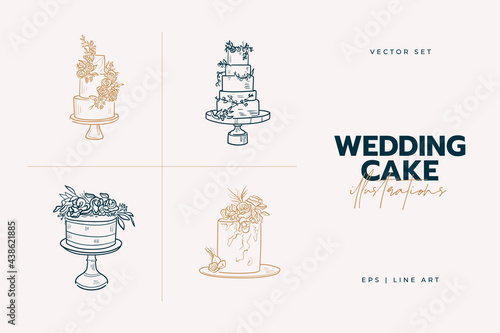 Wedding cake trending vector illustration. Linear art. Icon for wedding agencies, photographers, law shops, florists, pastry shops