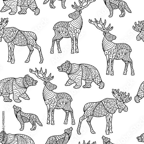 Seamless pattern  forest animals with abstract patterns  coloring page