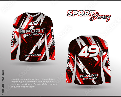 Long sleeve sports racing suit. Front back t-shirt design. Templates for team uniforms. Sports design for football, racing, cycling, gaming jersey. Vector.