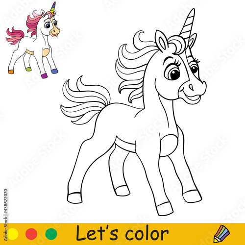 Cartoon cute standing curious unicorn with pink mane coloring