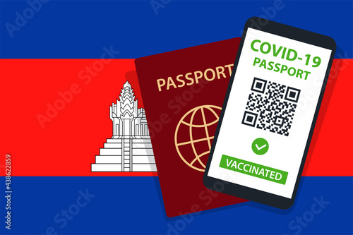 Covid-19 Passport on Cambodia Flag Background. Vaccinated. QR Code. Smartphone. Immune Health Cerificate. Vaccination Document. Vector
