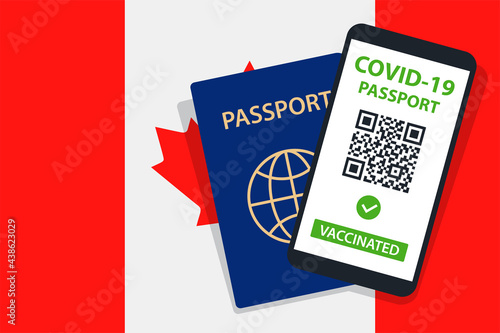 Covid-19 Passport on Canada Flag Background. Vaccinated. QR Code. Smartphone. Immune Health Cerificate. Vaccination Document. Vector