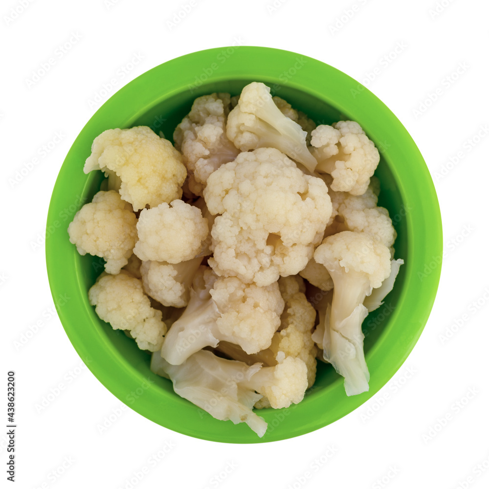 Top view of pickled cauliflower in a green bowl on a white background. Top view of pickled cauliflower in a green bowl on a white background.